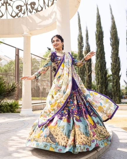 Purple Tussar Silk Lehenga Choli with Kalamkari Print | Wedding Wear