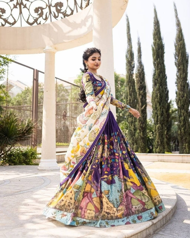Purple Tussar Silk Lehenga Choli with Kalamkari Print | Wedding Wear