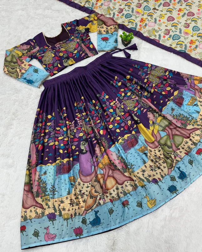 Purple Tussar Silk Lehenga Choli with Kalamkari Print | Wedding Wear