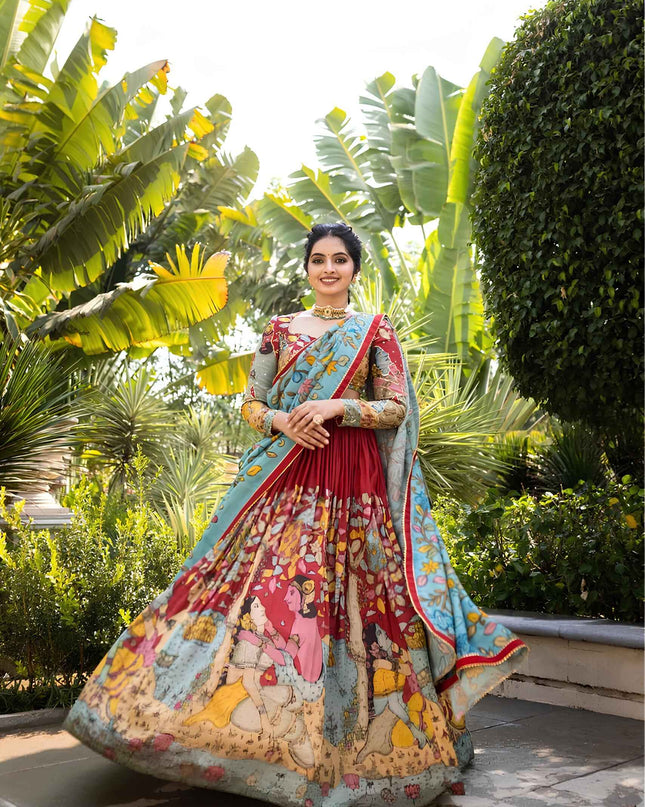 Premium Red Tussar Silk Lehenga Choli With Kalamkari Print