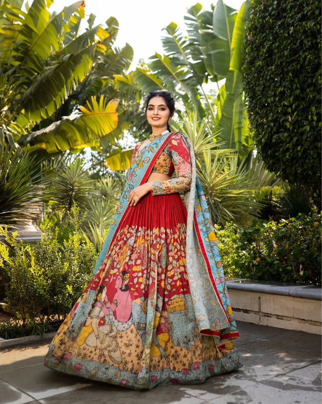 Premium Red Tussar Silk Lehenga Choli With Kalamkari Print