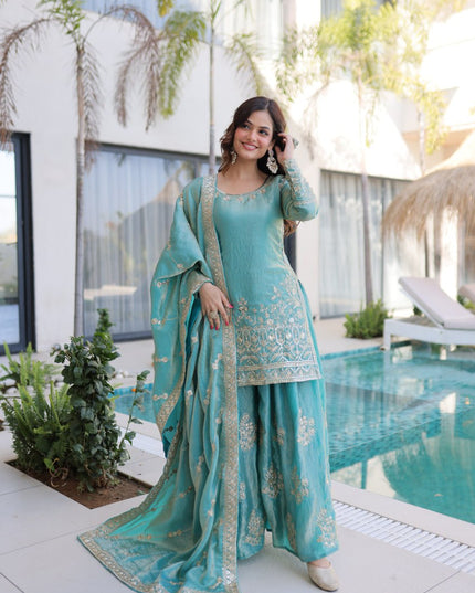 Fendi Crush Zari Sequins Embroidered Kurti Sharara Set with Dupatta