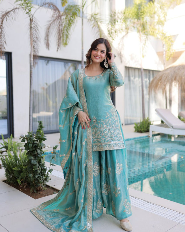 Fendi Crush Zari Sequins Embroidered Kurti Sharara Set with Dupatta