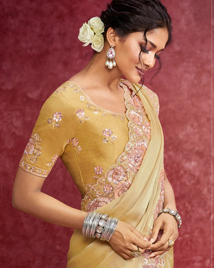 Opulent Yellow Galaxy Fabric Saree with Elegant Floral Embroidery for Celebrations