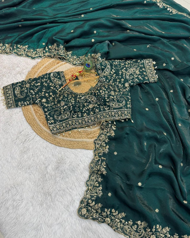 Premium Pure Space Silk Saree With Zari Sequence Mango Design Embrodairy Work