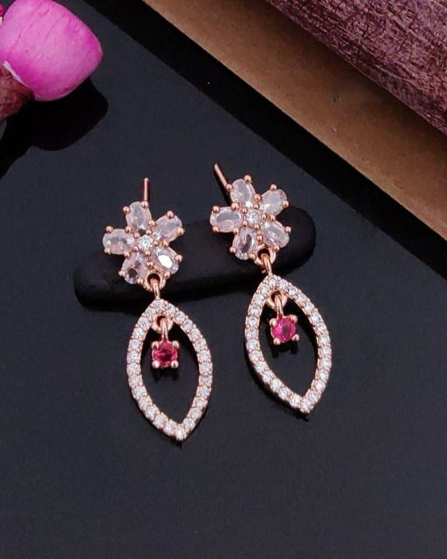 Premium Rose Gold AD Necklace Set with Ruby-Red Pendant & Matching Earrings