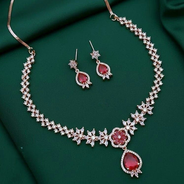 Premium Rose Gold AD Necklace Set with Ruby-Red Pendant & Matching Earrings