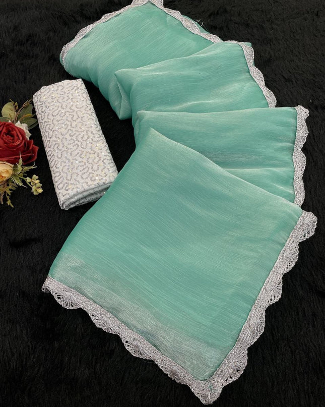 Jimmy Choo Saree with Premium Silver Lace Border & Sequins Embroidered Blouse Piece