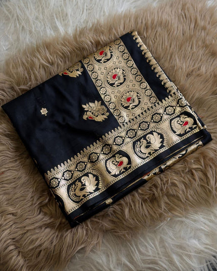 Premium Classic Black Banarasi Bomkai Silk Saree with Rich Zari Weaving