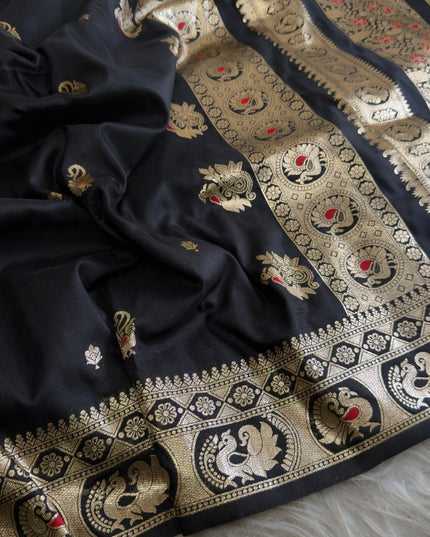 Premium Classic Black Banarasi Bomkai Silk Saree with Rich Zari Weaving