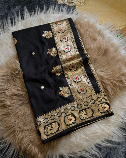 Premium Classic Black Banarasi Bomkai Silk Saree with Rich Zari Weaving