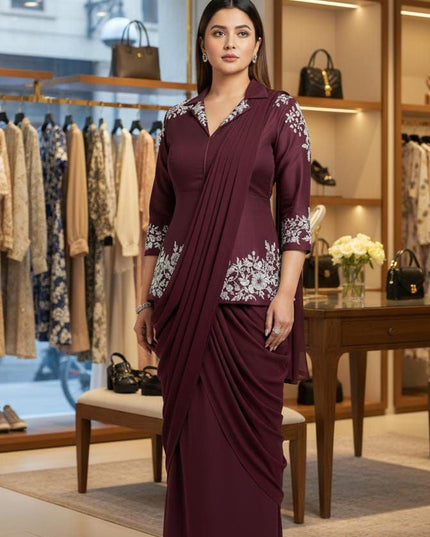 Designer Ready-to-Wear Drape Chinnon Silk Saree with Embroidered Jacket Blouse