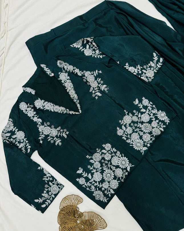 Designer Ready-to-Wear Drape Chinnon Silk Saree with Embroidered Jacket Blouse