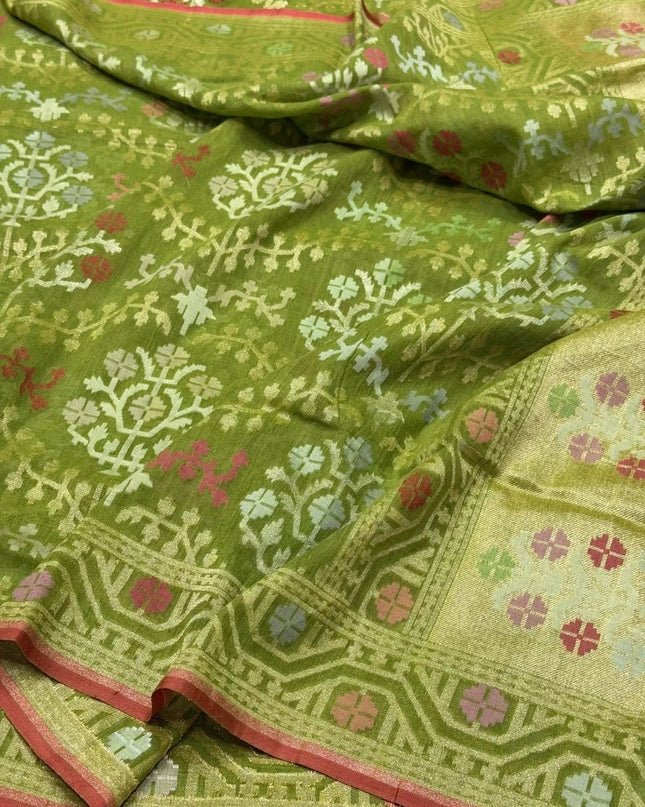 Premium Green Pure Muslin Cotton Jamdani Saree with Timeless Design