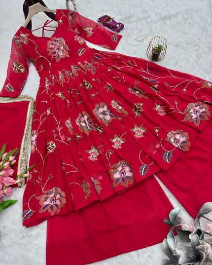 Party Wear Heavy Faux Georgette Embroidered Gown Sharara Set with Sequins & Dupatta