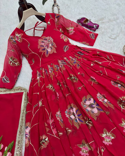 Party Wear Heavy Faux Georgette Embroidered Gown Sharara Set with Sequins & Dupatta