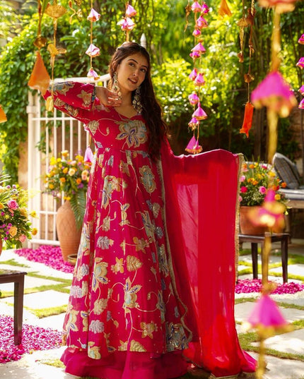 Party Wear Heavy Faux Georgette Embroidered Gown Sharara Set with Sequins & Dupatta