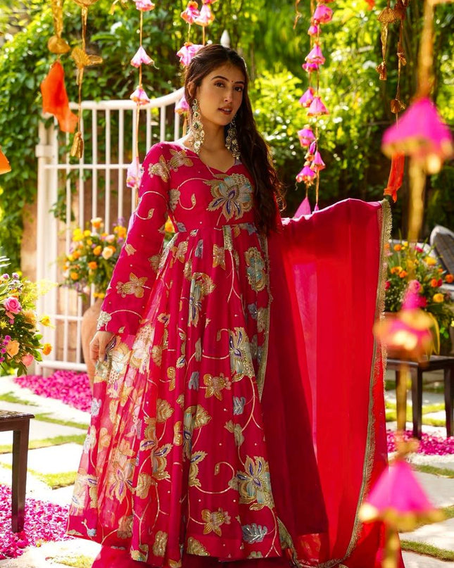 Party Wear Heavy Faux Georgette Embroidered Gown Sharara Set with Sequins & Dupatta