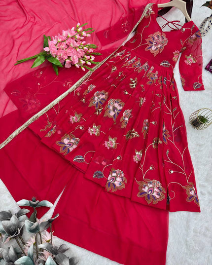 Party Wear Heavy Faux Georgette Embroidered Gown Sharara Set with Sequins & Dupatta