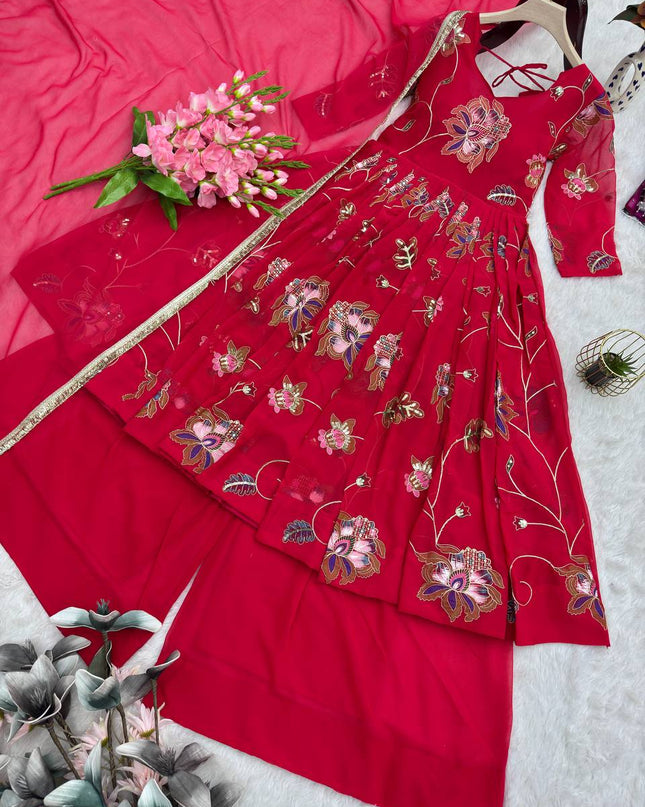 Party Wear Heavy Faux Georgette Embroidered Gown Sharara Set with Sequins & Dupatta