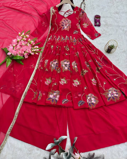 Party Wear Heavy Faux Georgette Embroidered Gown Sharara Set with Sequins & Dupatta