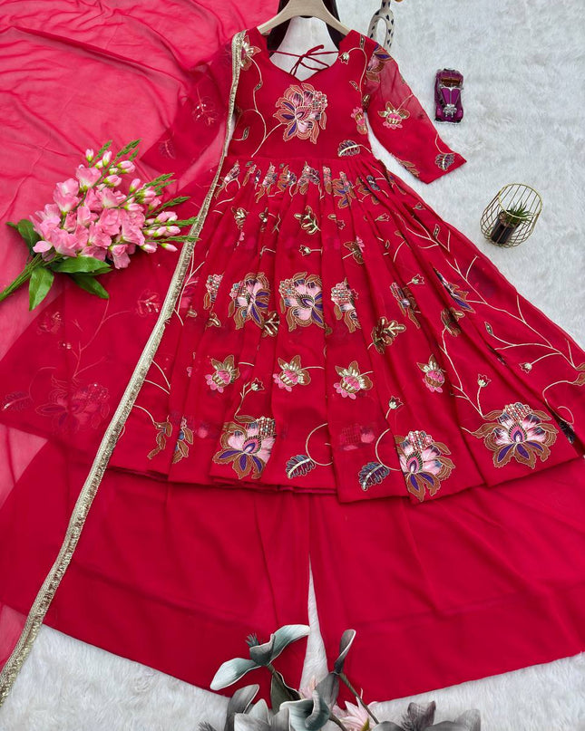 Party Wear Heavy Faux Georgette Embroidered Gown Sharara Set with Sequins & Dupatta