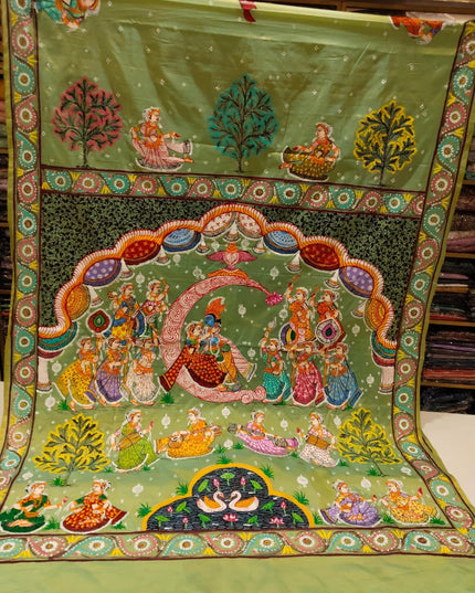 Krishna Rasa Pattachitra Mulberry Silk Saree | Hand-Painted Art
