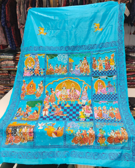 Sky Blue Ramayan Mulberry Pure Silk Pattachitra Saree | Hand-Painted Traditional Art