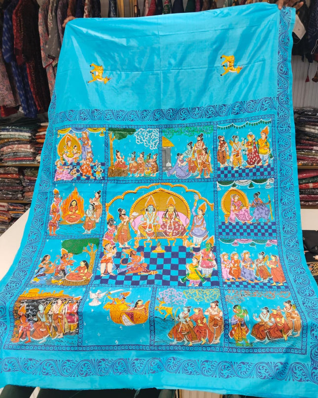Sky Blue Ramayan Mulberry Pure Silk Pattachitra Saree | Hand-Painted Traditional Art