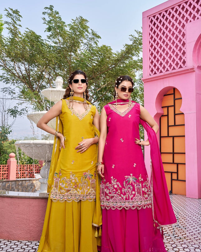 Pure Star Georgette Kurti Palazzo Set with Moti Beads & Sequin Embroidery | Designer