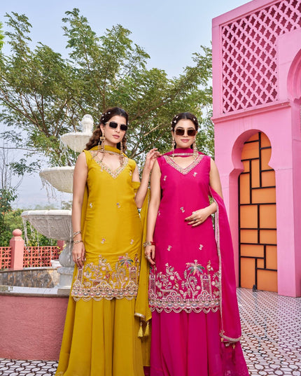 Pure Star Georgette Kurti Palazzo Set with Moti Beads & Sequin Embroidery | Designer