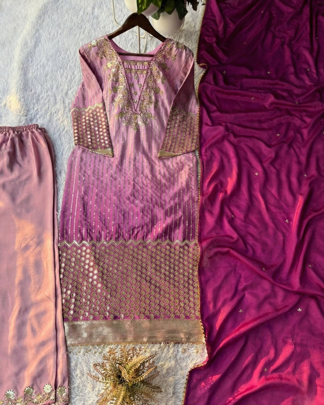 Embroidered Chinon Suit Set with Sequence Work - 3 Piece