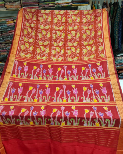 Brick Red Contemporary Floral Odisha Handloom Silk Saree with Lotus Pallu