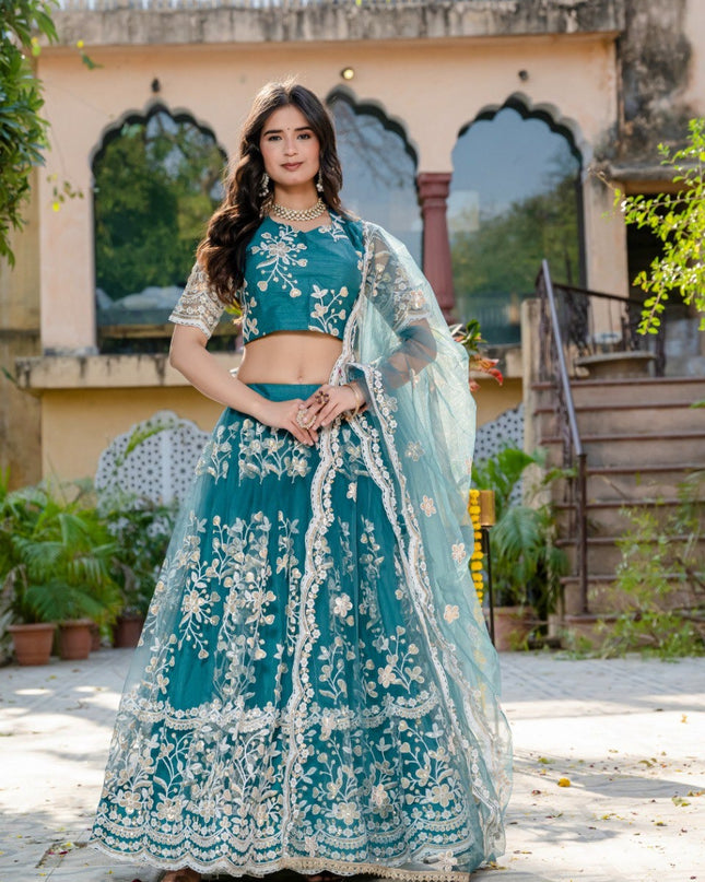 Elegant Soft Net Lehenga With Sequins And Thread Embroidery | Festive and Wedding Wear