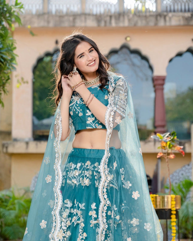 Elegant Soft Net Lehenga With Sequins And Thread Embroidery | Festive and Wedding Wear