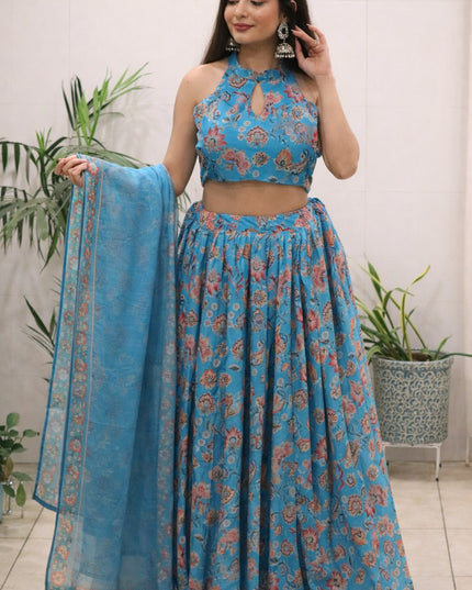 Floral Printed Lehenga Set | Halter Neck Blouse, Fully Stitched