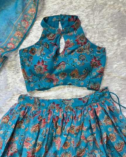 Floral Printed Lehenga Set | Halter Neck Blouse, Fully Stitched
