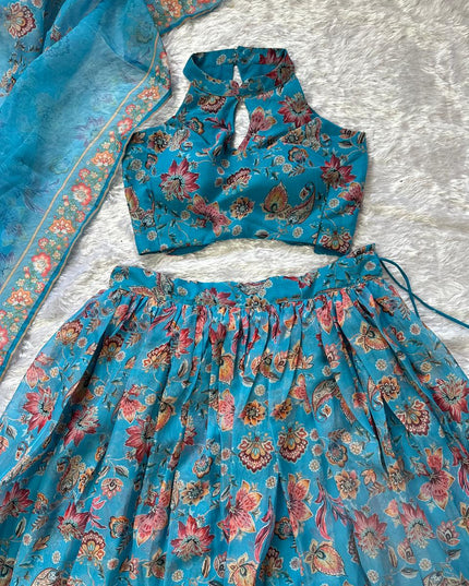 Floral Printed Lehenga Set | Halter Neck Blouse, Fully Stitched