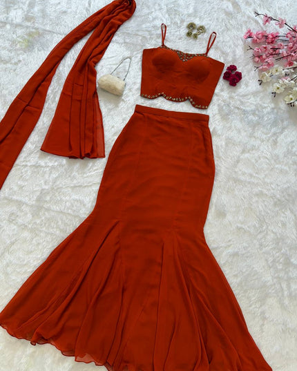 Georgette Lehenga Set with Diamond Work - Fully Stitched