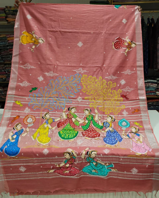 Raja Doli Hand-Painted Pattachitra Linen Cotton Saree