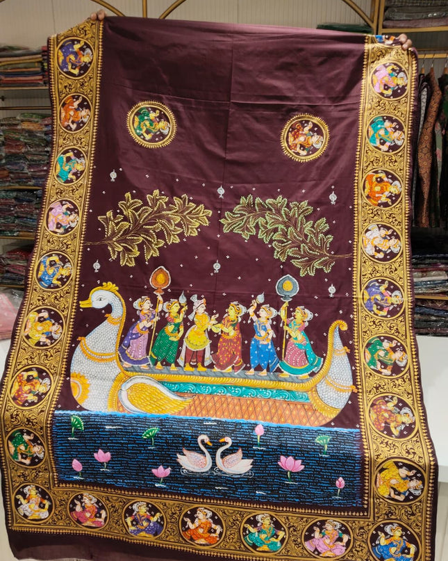 Pure Silk Maroon Boita Bandana Hand-Painted Pattachitra Saree