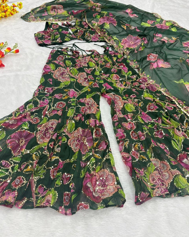 Premium Taby Silk Printed Sequins Palazzo Set with Blouse and Dupatta