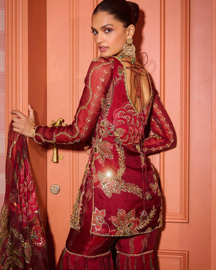 Exclusive 3 Piece Soft Organza Short Kurti Sharara Set | Sequence Embroidery & Mirror Work