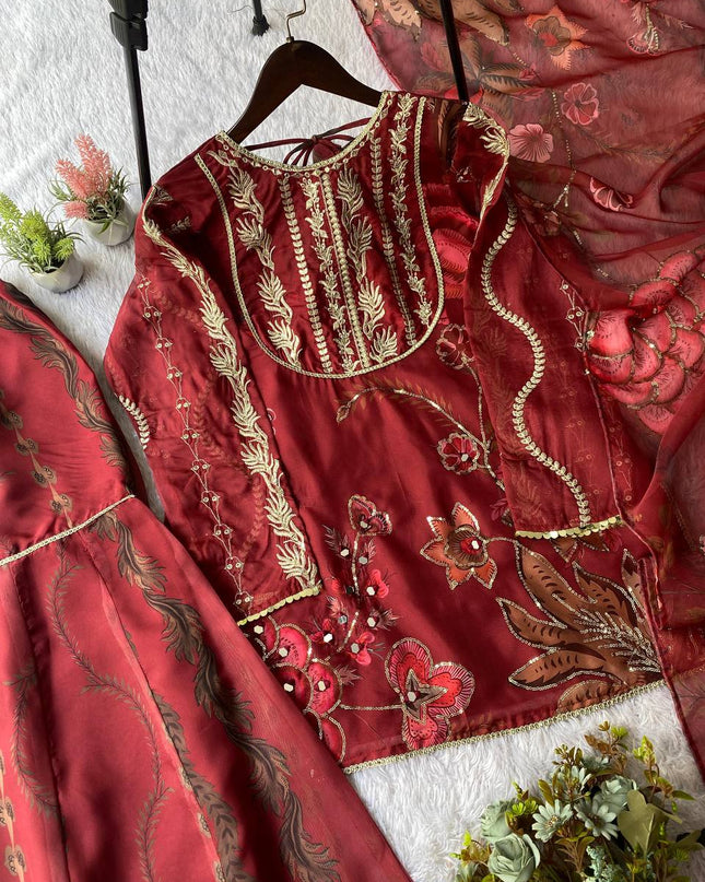 Exclusive 3 Piece Soft Organza Short Kurti Sharara Set | Sequence Embroidery & Mirror Work