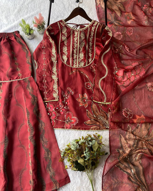 Exclusive 3 Piece Soft Organza Short Kurti Sharara Set | Sequence Embroidery & Mirror Work