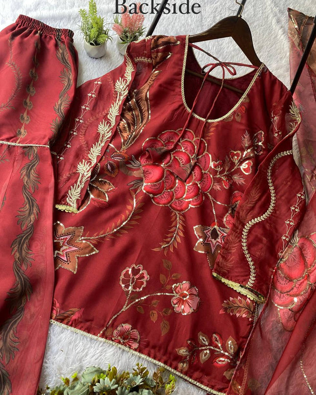 Exclusive 3 Piece Soft Organza Short Kurti Sharara Set | Sequence Embroidery & Mirror Work