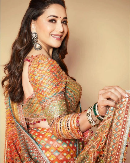 Premium Chinon Silk Saree With Beautiful Print And Mirror Work All Over With Lace On Pallu