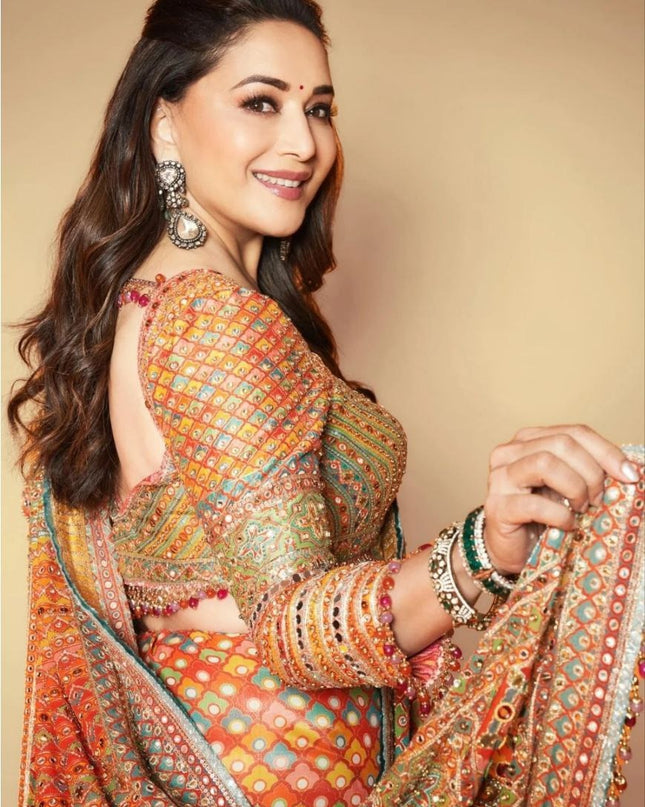 Premium Chinon Silk Saree With Beautiful Print And Mirror Work All Over With Lace On Pallu