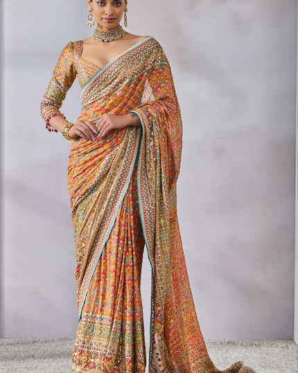Premium Chinon Silk Saree With Beautiful Print And Mirror Work All Over With Lace On Pallu