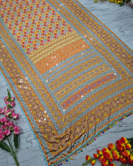 Premium Chinon Silk Saree With Beautiful Print And Mirror Work All Over With Lace On Pallu